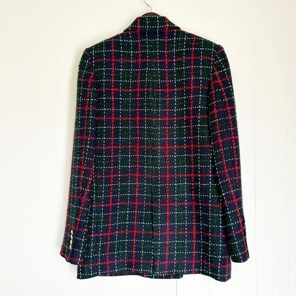 ZARA Tweed Plaid Double Breasted Blazer Green Red Gold Buttons - Picture 13 of 14